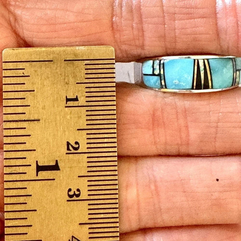 Navajo Inlay Turquoise Opal Wedding Band Sz 13 9mm Ring Men Signed AT B